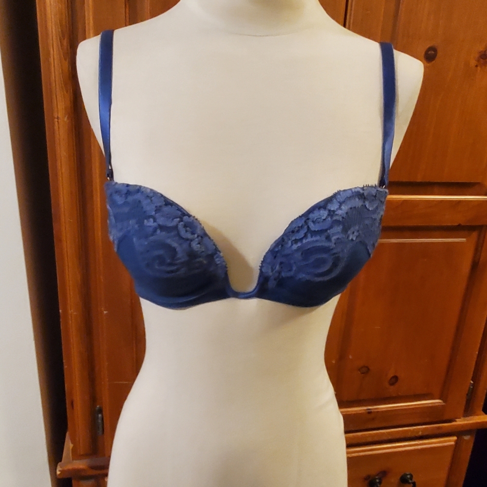 NWOT La Perla Denim 32E Push Up Blue Lace Bra Strapless Option Luxury Low Cut